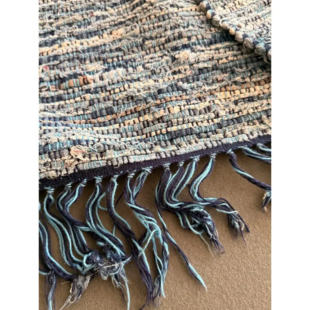 Denim Blue Woven Rag Rug Runner Farmhouse Boho Fringe Reversible 90x24